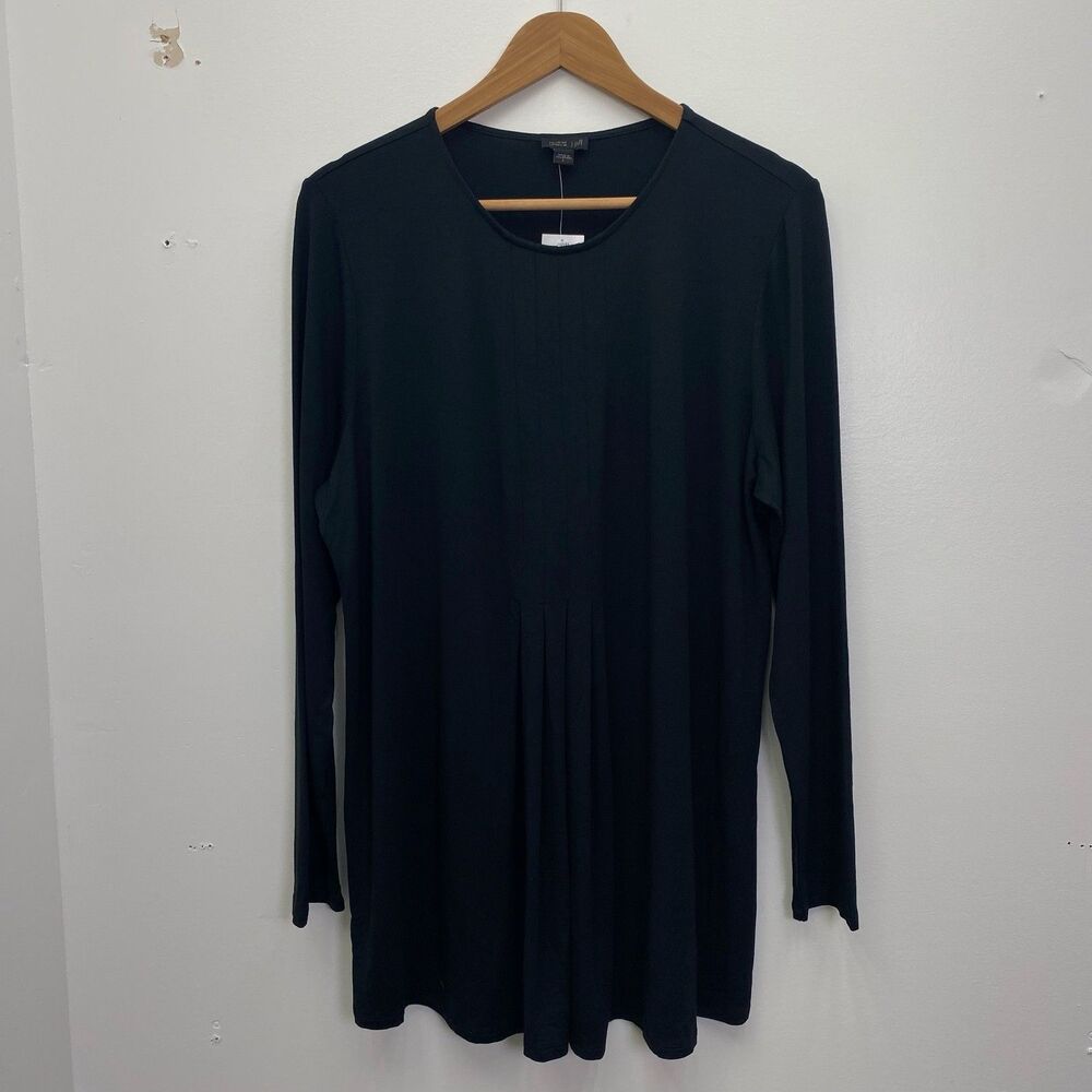 J Jill Womens Large Black Tunic Top Long Sleeve Pleated Relaxed Fit Minimal NWT